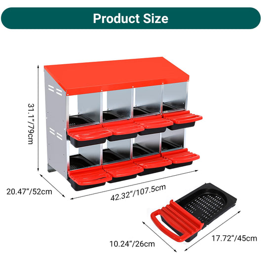 GarveeLife Chicken Nesting Boxes, 8 Hole Nesting Boxes for Chickens, Chicken Laying Box with Leg and Lid Cover, for Chicken Coop to Protect Eggs, Red