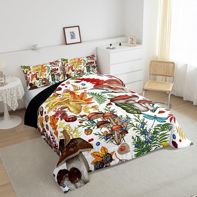 Castle Fairy Mushroom Boys Girls Comforter Set,Rustic Wild Plants Duvet Set for Room Decor,Nature Burgundy Plant Snail Brushed Microfiber Soft Quilt Cover,Full
