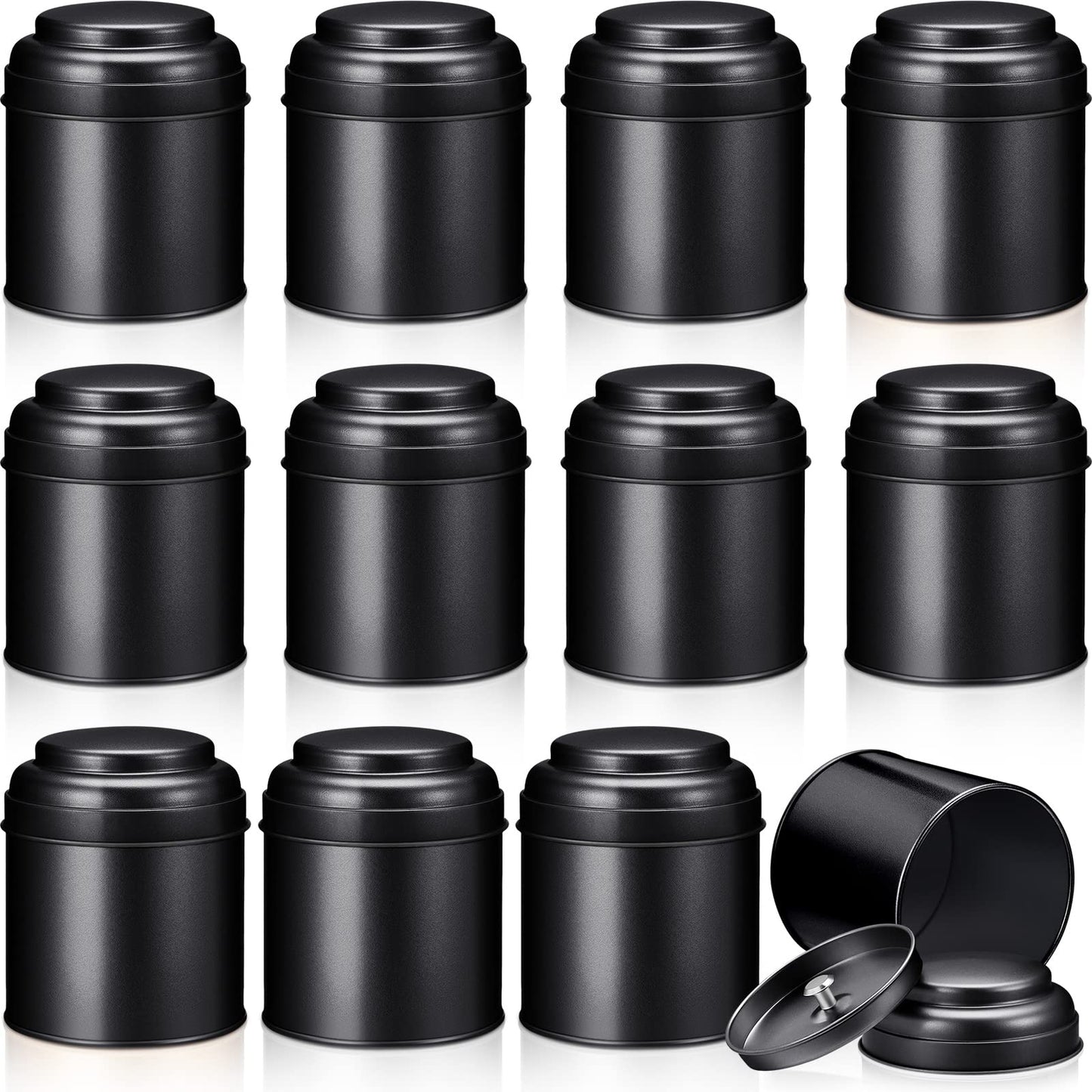 Meanplan 12 Pcs Tea Tin Canister with Airtight Double Lids 8 oz Round Tin Can Box Small Kitchen Tea Canister Loose Leaf Storage Containers for Loose Bags Coffee Sugar Candy Spices(Black)