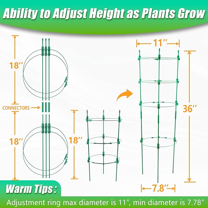 Upgrade Tomato Cage for Garden, 6 Pack 36 Inches Adjustable Tomato Plant Support Cages, Tomato Stakes Trellis for Vegetables, Flowers, Fruit, Rose Vine, Climbing Plants