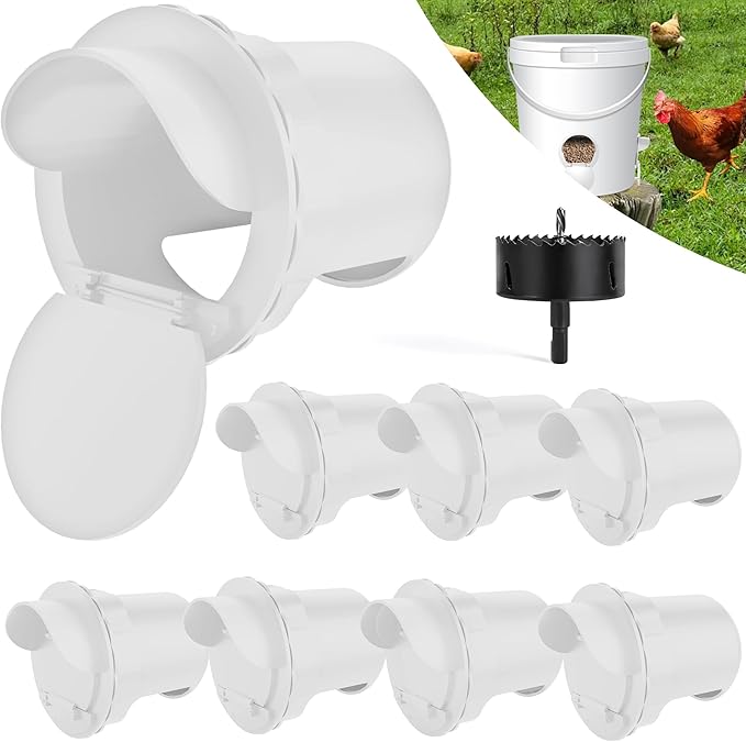 Chicken Feeder Port 8pcs Poultry No Waste Port Kit with Stopper Lid, 1 Hole Saw, DIY Automatic Reusable Coop Feeders, Rain Proof Gravity Feeding Geese Duck Hens Rooster for Bucket Barrel Bin (White)
