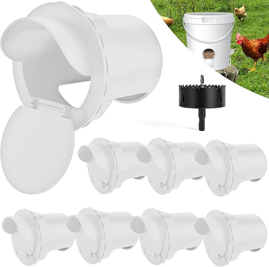 Chicken Feeder Port 8pcs Poultry No Waste Port Kit with Stopper Lid, 1 Hole Saw, DIY Automatic Reusable Coop Feeders, Rain Proof Gravity Feeding Geese Duck Hens Rooster for Bucket Barrel Bin (White)