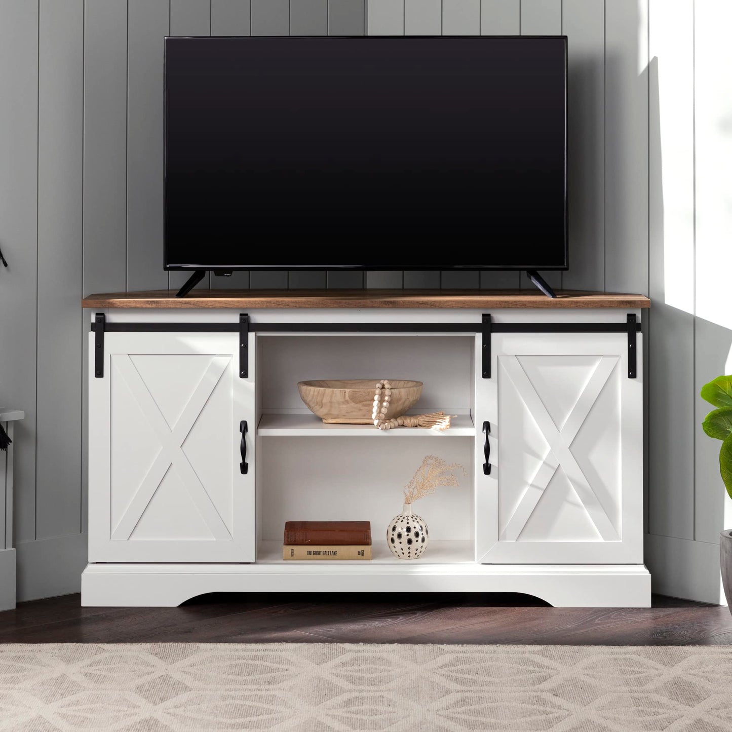 Walker Edison Everette Modern Farmhouse Double Sliding X Barn Door Stand for TVs up to 58 Inches, 52 Inch, Reclaimed Barnwood and Solid White