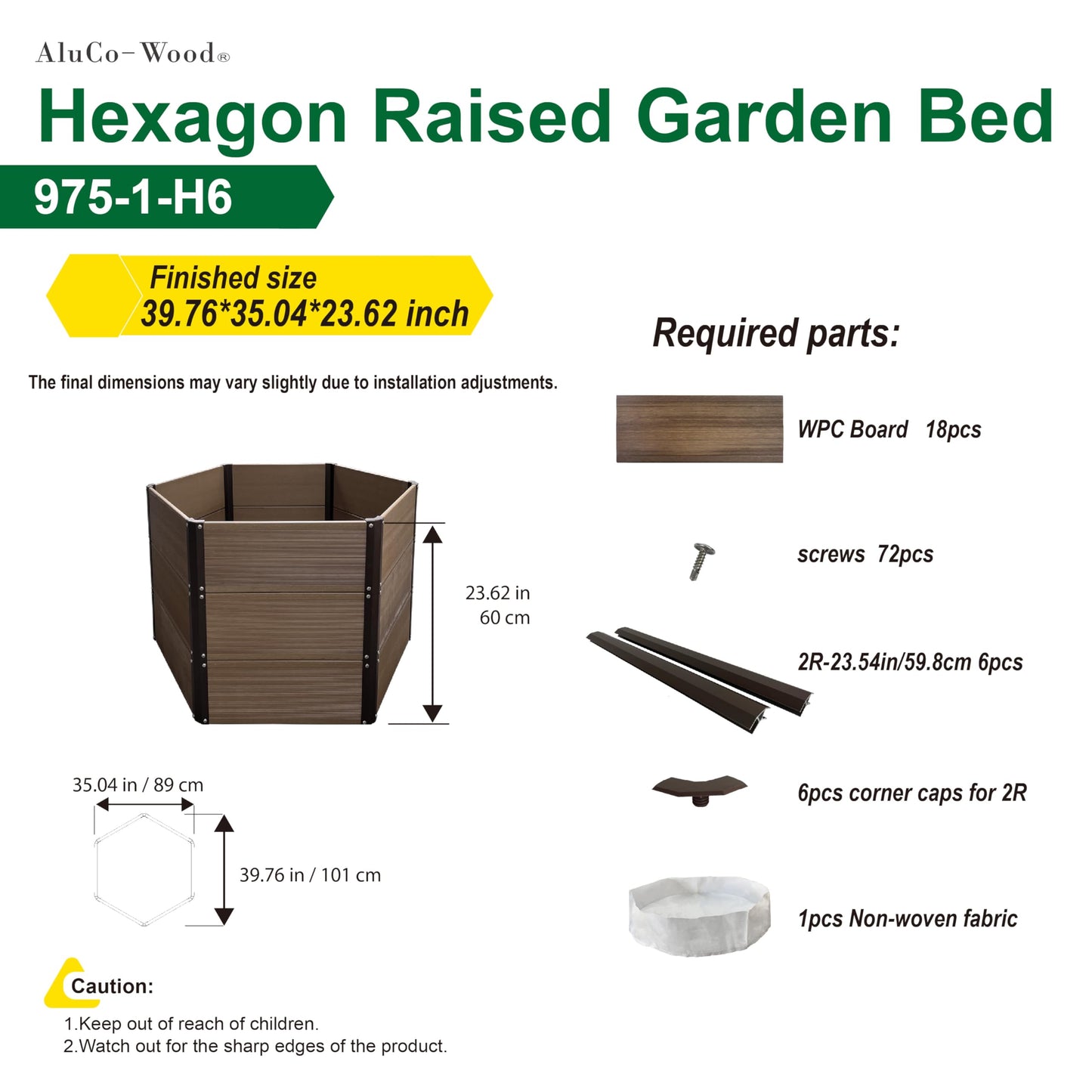 Aluco Wood Hexagon WPC Raised Garden Bed, Expandable Modular Planter for Vegetables, Flowers, Herbs and shrubs with Protective Liner, Easy Assembly