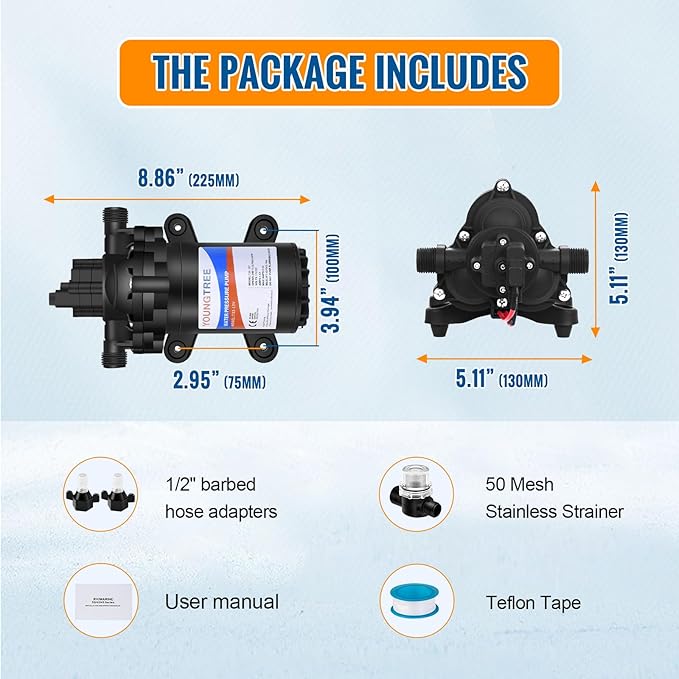 YOUNGTREE 12V RV Fresh Water Pressure Pump 3.5 GPM 45PSI On Demand 12Volt Water Diaphragm Pump with Pressure Switch for RV Boat Marine Sprayer Camper Shower