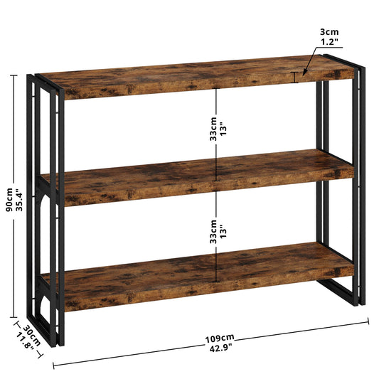 IRONCK Bookshelf Industrial 3 Shelf Bookcase, Wood Storage Shelf with Metal Frame for Living Room, Vintage Brown