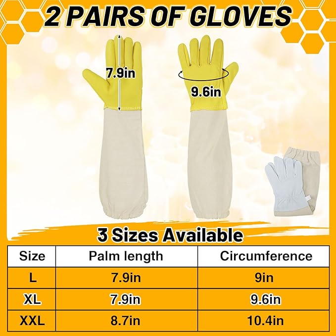ANPHSIN 2 pairs Long Goatskin Beekeeping Gloves for Beekeepers - Protected Leather Gloves, Beekeeping Supplies, White/Yellow