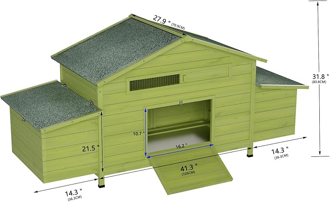 67.7" Large Wooden Chicken Coop for 4-6 Chickens,Outdoor Hen House Poultry Pet Hutch Cage with 2 Free-Range Doors,2 Side Nesting Boxes and Sliding Tray,Green