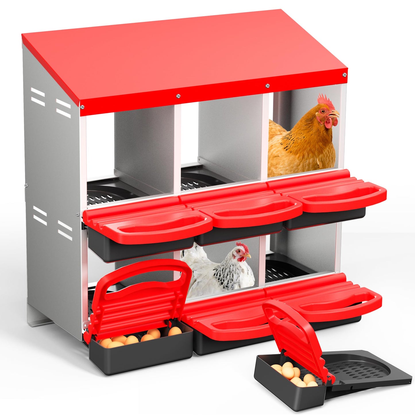 HOLIDAYMAP Nesting Boxes for Chickens, Chicken Nesting Box, 2 Layer Hen Nest Boxes for Chickens - 6 Hole Roll Away Heavy Duty Metal Chicken Coop Laying Box，Can Be Hung On The Wall