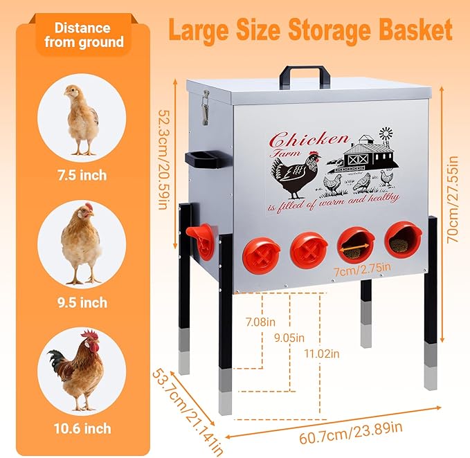 100LB Large Automatic Chicken Feeder–10 Feeding Ports No-Waste Galvanized Metal Chicken Feeder Box with Adjustable Legs & Locking Lid Poultry Feeder for Chickens,Ducks,Geese,Rust-Resistant