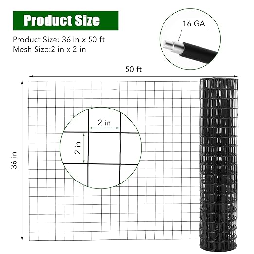 Hardware Cloth 2inchx2inch 36inx50ft 16 Gauge Chicken Wire Fence Galvanized Steel Mesh Rolled Fencing for Garden Supports Poultry Netting Cage Snake Fence Tree Guard, Black
