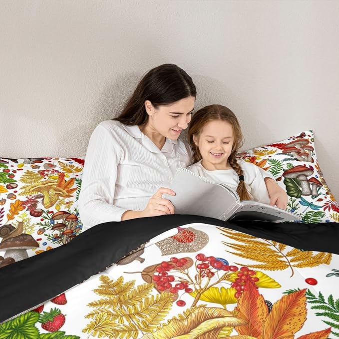 Castle Fairy Mushroom Boys Girls Comforter Set,Rustic Wild Plants Duvet Set for Room Decor,Nature Burgundy Plant Snail Brushed Microfiber Soft Quilt Cover,Full