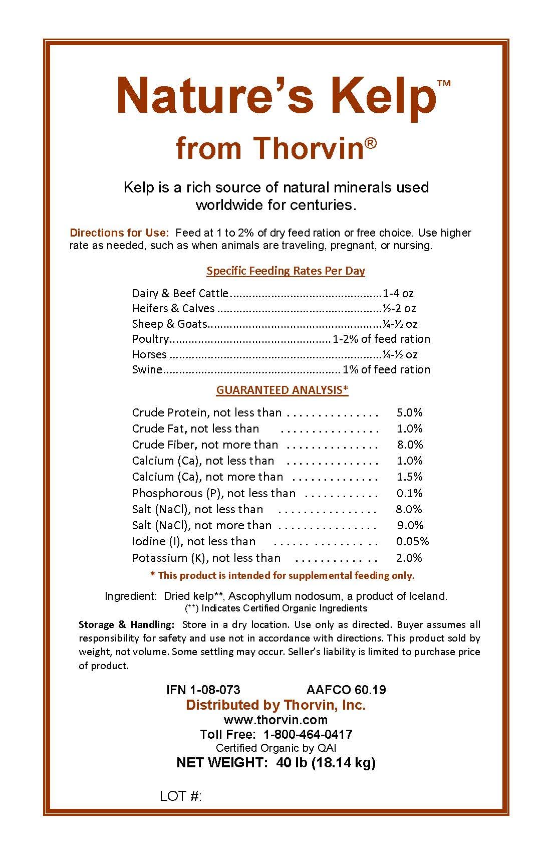 Nature's Organic Kelp Meal - Nutrients for Livestock and Pet - Natural Seaweed Fertilizer Harvested and Dried in Iceland - Sea Kelp for Cattle, Goat, Sheep and Horses, 40 lbs - Made by Thorvin