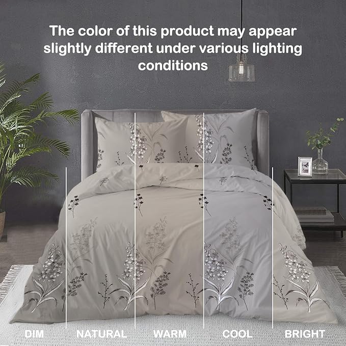 Vintage Grey Leaf Duvet Cover Farmhouse Decor Grey 3D Botanical Flower Print Bedding Set for Boys Girls with Zipper Closure and Corner Ties (Twin)