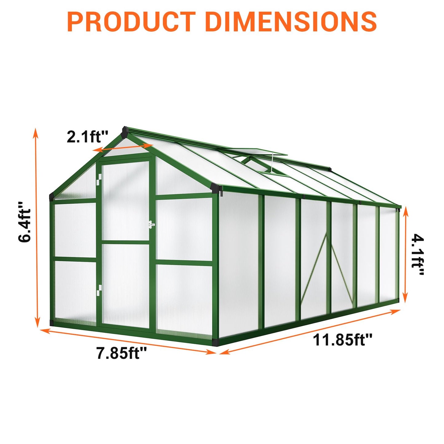 8x12 FT Polycarbonate Greenhouse with Roof Vent - Large Aluminum Walk-in Greenhouse Kit for Gardening, Backyard, Patio, Lawn - Easy Assembly