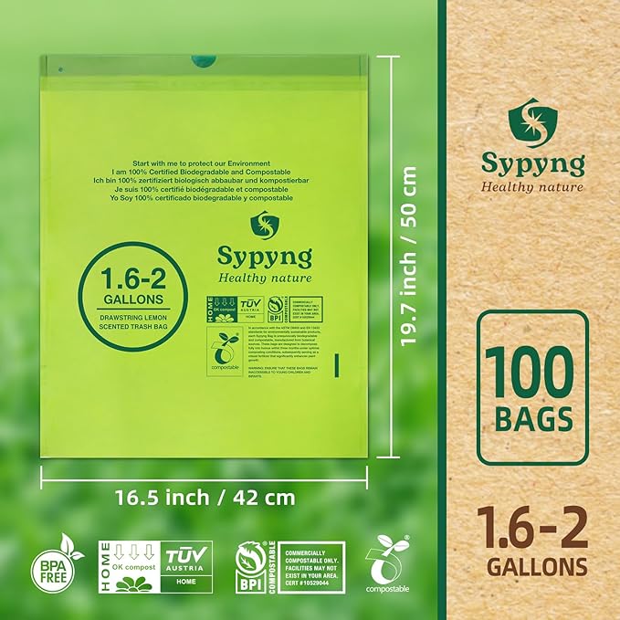 Compostable Kitchen Trash Bags 1,6-2 Gallon (100-Pack) - Heavy-Duty 1.1 Mil, 100% Biodegradable, ASTM D6400, BPI & OK Compost HOME Certified, Eco-Friendly, Leakproof & Odor Control