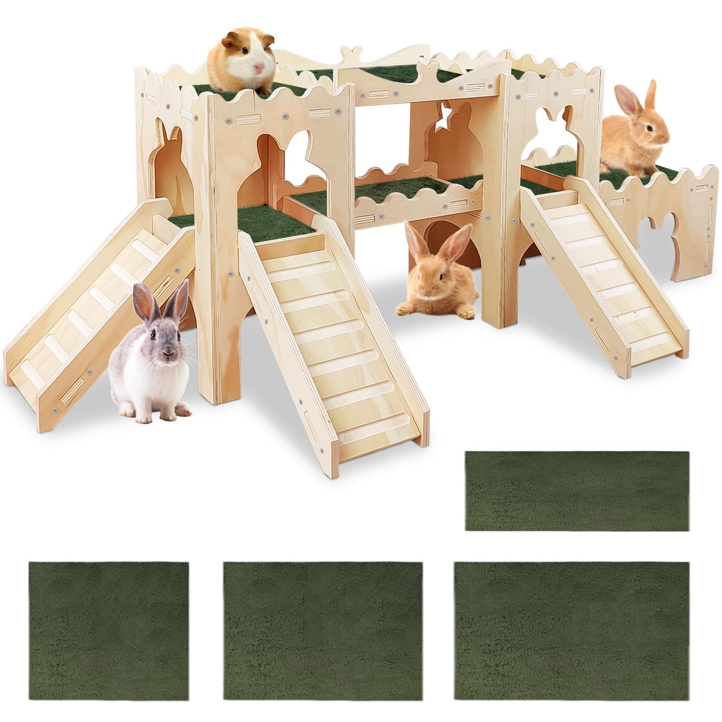 NICERINC PET Extra Large Wooden Rabbit Castle Hideaway Tunnel and Bed Small Animal Hideaway Hut Solid Safe Construction Play Hideaway Hut for Rabbit Guinea Pig Chinchilla