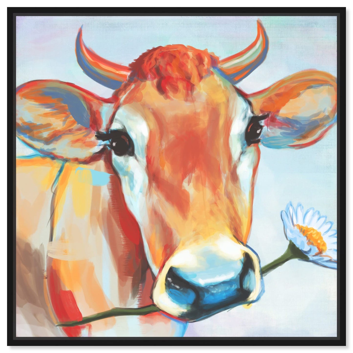 Country Farmhouse Canvas Print Painting Animal Wall Art 'Happy Cow with Flower' Black Framed Canvas Rustic Home Décor 40x40 in Orange, Brown by Oliver Gal