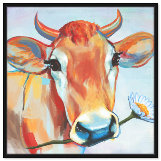 Country Farmhouse Canvas Print Painting Animal Wall Art 'Happy Cow with Flower' Black Framed Canvas Rustic Home Décor 40x40 in Orange, Brown by Oliver Gal