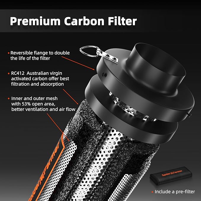 Spider Farmer 6 Inch Air Carbon Filrer Smelliness Control with Premium Australia Virgin Charcoal for Inline Duct Fan, Grow Tent Odor Control, Hydroponics, Pre-Filter Included, Reversible Flange
