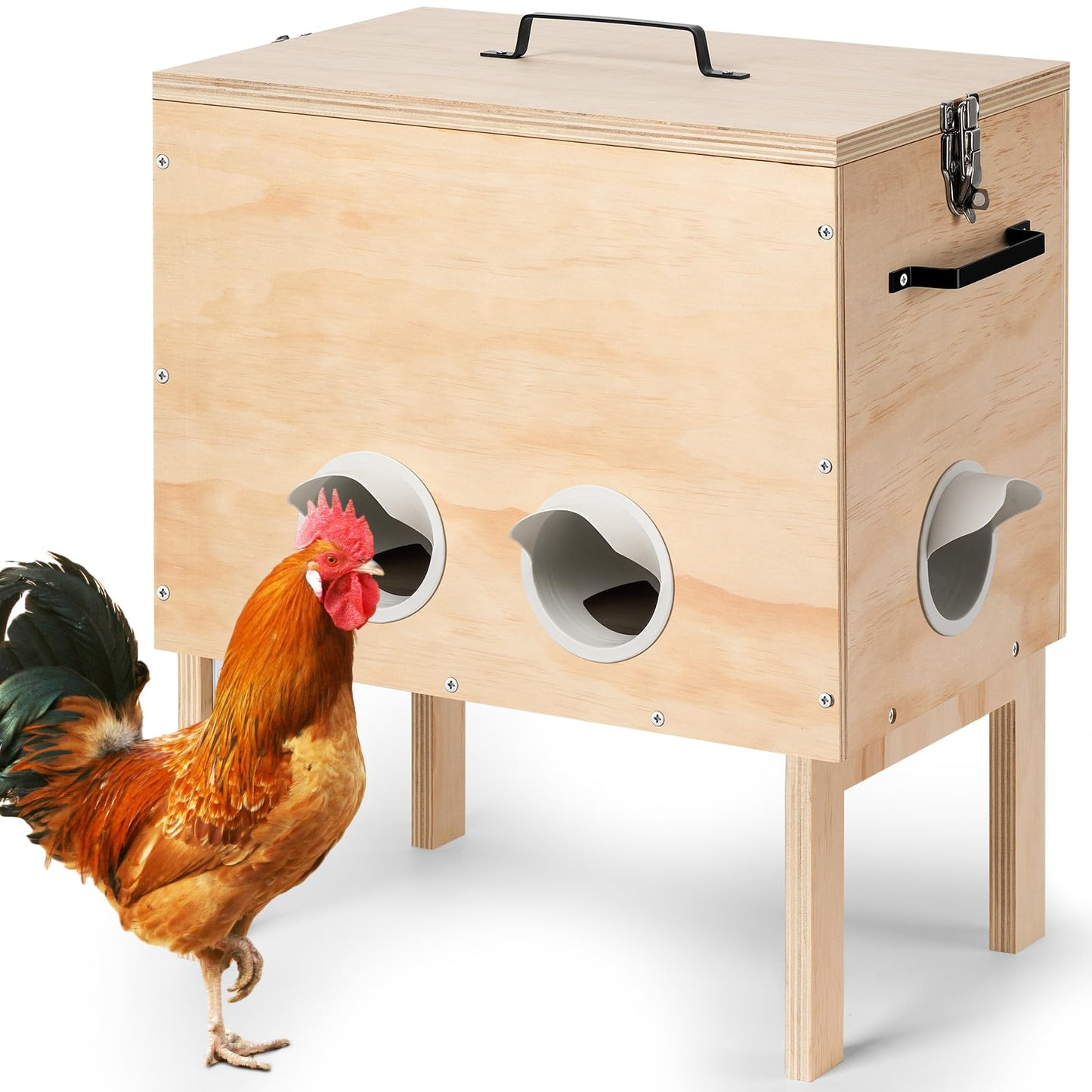 Automatic Chicken Feeder, 40 lb Capacity 6 Port Wooden Chicken Feeders with Locking Lid & Handle for Chickens, Geese, Ducks, Turkeys, Quails