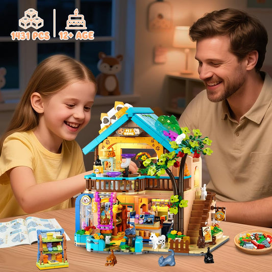 INSOON City Pet Shop Building Set with Lights, Cozy Pet House Construction Toy with Cats Dogs Rabbit, 1431 PCS Cute Animal Store Miniature Model Building Block Kit for Adults Kids Boys Girls Ages 12+