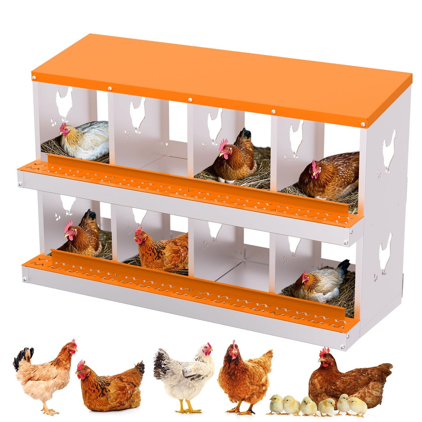 Garvee Chicken Nesting Box with Removable Tray, 8 Compartment Nesting Boxes for Chickens, Easy to Clean and Install, Chicken Laying Boxes for Chicken Coop to Protect Eggs, Orange