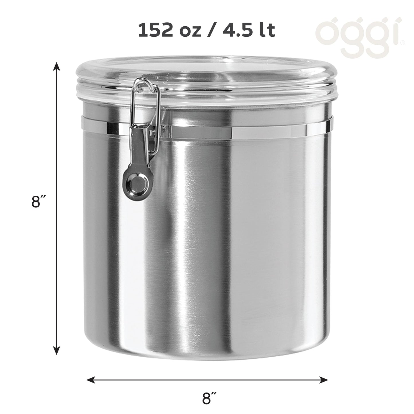 Oggi Stainless Steel Kitchen Canister 152 fl oz - Airtight Clamp Lid, Clear See-Thru Top - Ideal for Kitchen Storage, Food Storage, Pantry Storage. Jumbo Size 8" x 8".