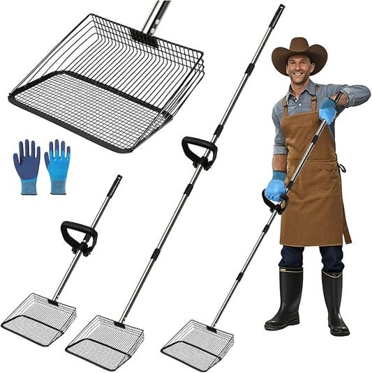 Large Chicken Poop Scooper Chicken Scooper for Poop with 37" to 75" Adjustable Stainless Steel Handle Gloves Litter Sand Sifting Shovel Cleaning Tool for Chicken Coop Goat Stall Stable