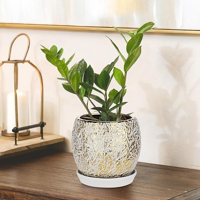 Ceramic Plant Pots for Plants Indoor 5.3 Inch Round Gold and White Flower Pot Gilded Decorative Planter with Drainage Hole and Saucer Modern Ceramic Pot for Succulents Orchids Cactus Herbs Home Decor