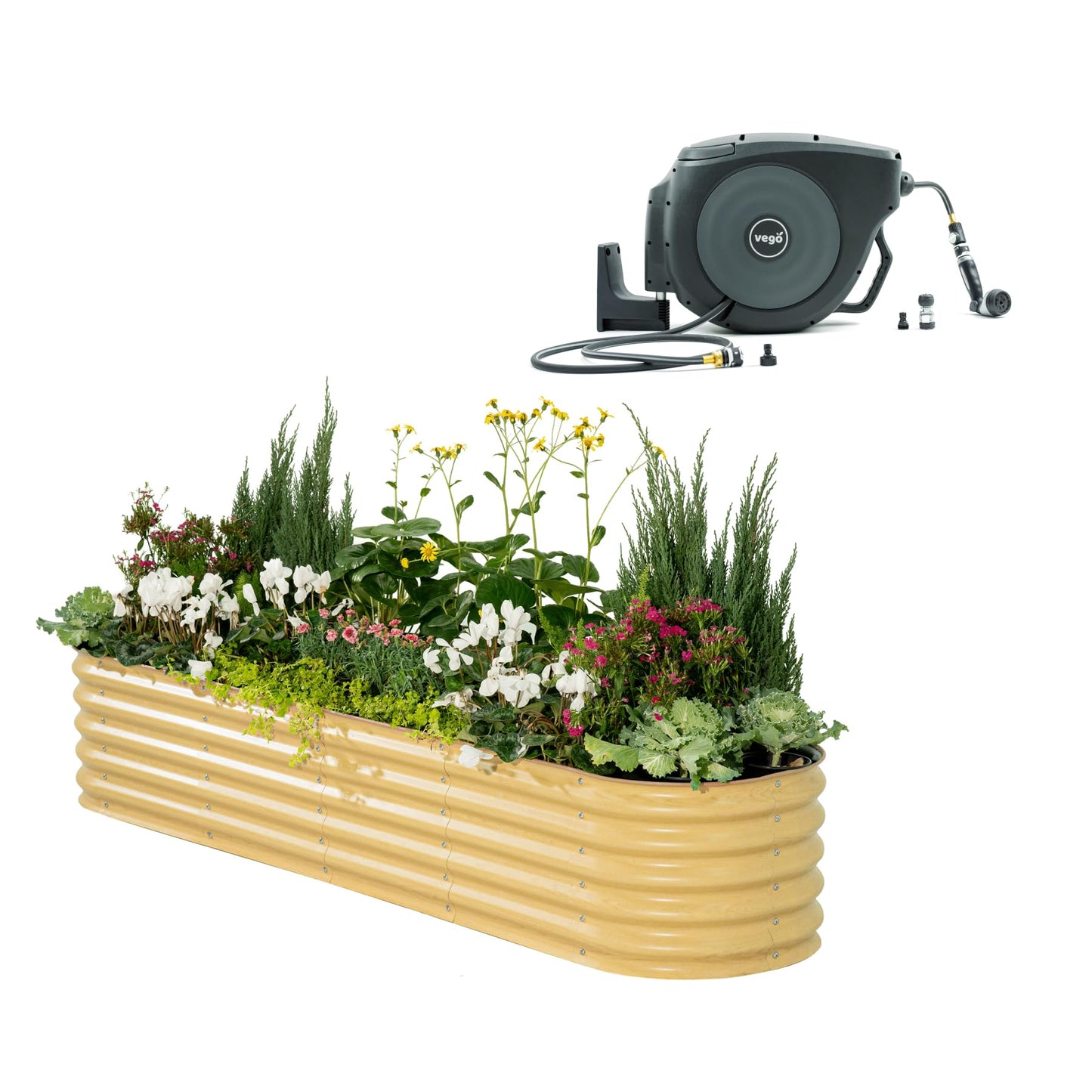 17" 9 in 1 Garden Bed & 130ft Retractable Hose Reel Kit