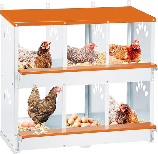 6 Compartment Chicken Nesting Box, Metal Nesting Boxes for Chicken, Indoor & Outdoor Use, Wall Mountable Laying Boxes for Hens, 31.9" L x 13" W x 25" H, Orange