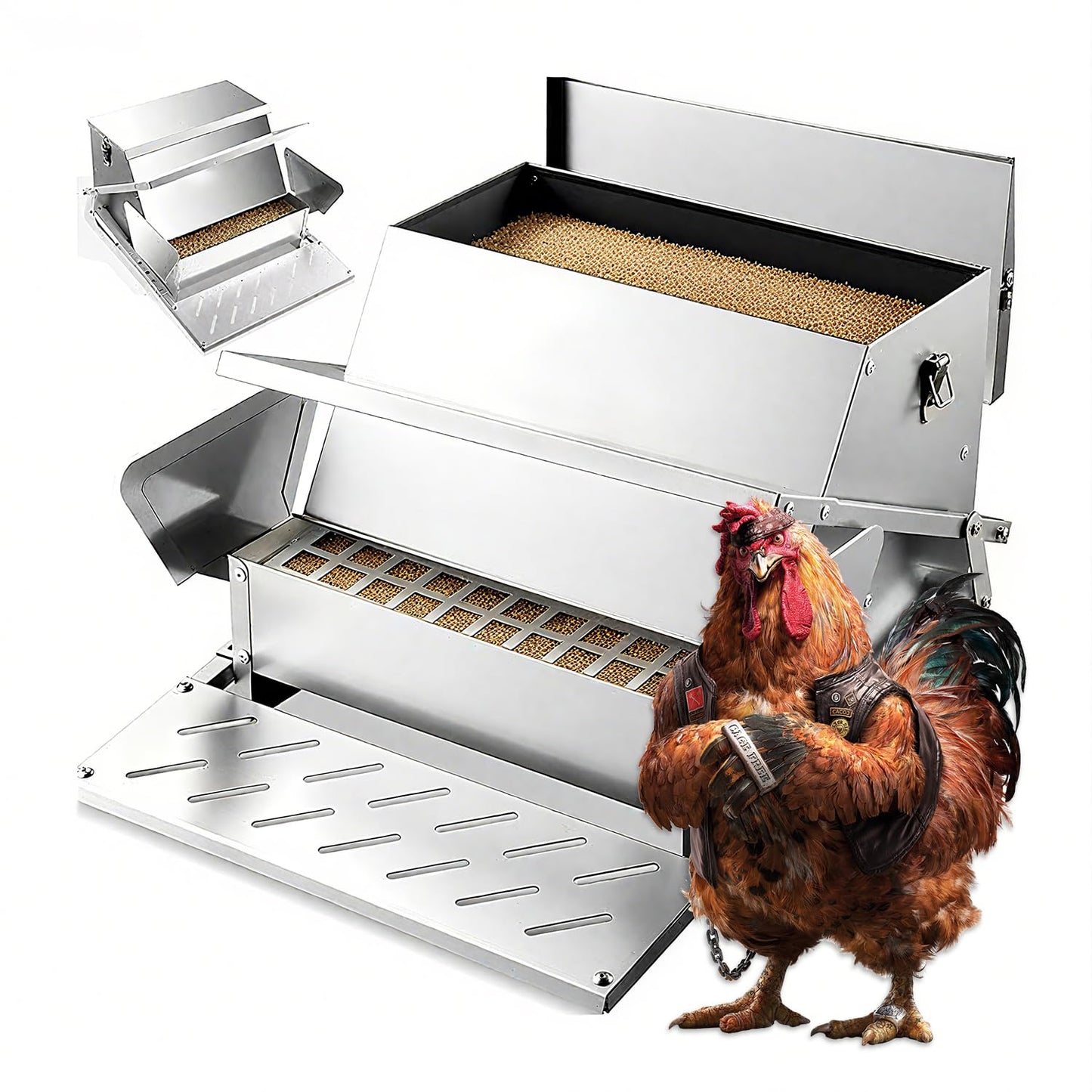 Automatic & Treadle Chicken Feeder, Rat Proof Chicken Feeder with Pedals, Sturdy Galvanized Steel Build & Weatherproof Locking Lid, Rain and Moisture Proof, No Waste, Suitable for Poultry