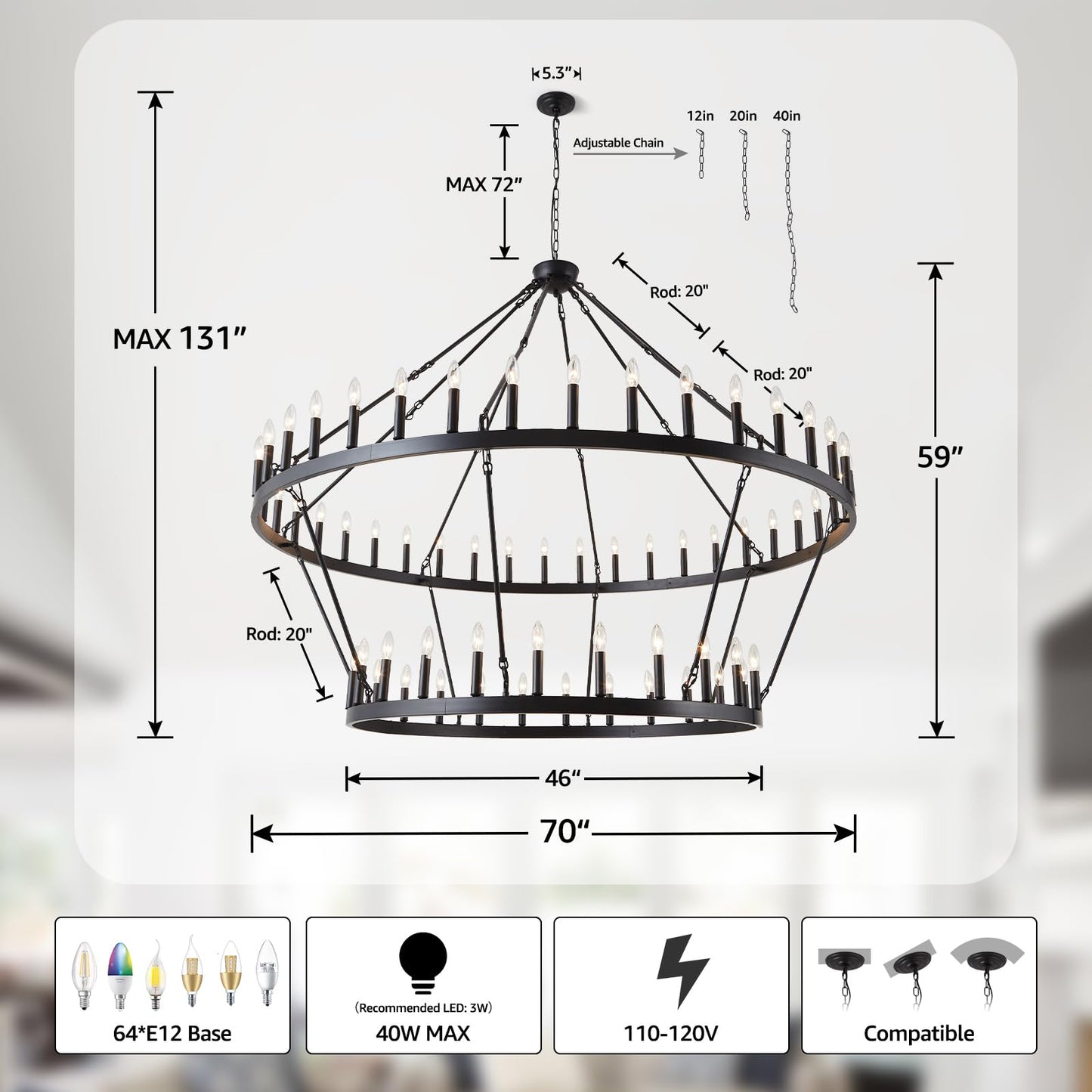 VBKK Wagon Wheel Chandelier Farmhouse 2 Tier 64-Light 70-Inch, Black Industrial Chandelier Rustic Candle Pendant Light Fixture Extra Large for High Ceilings, Dining Room, Living Room, Foyer, E12