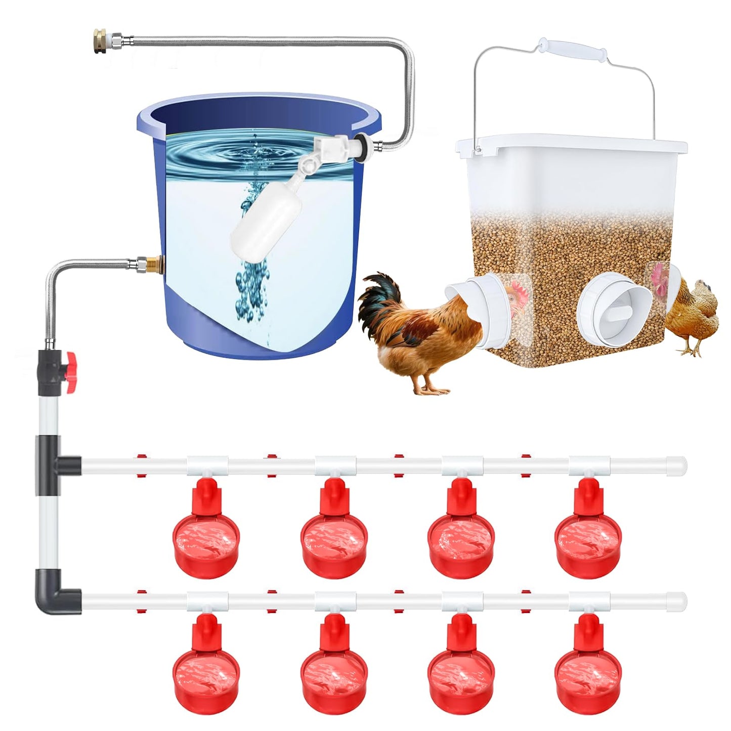 Complete Set Pipeline Automatic Chicken Waterer System(82Accessories Included) Chicken Feeder and Waterer Set,Poultry Waterer,with PVC Pipeline,Garden Hose and Hole Openers