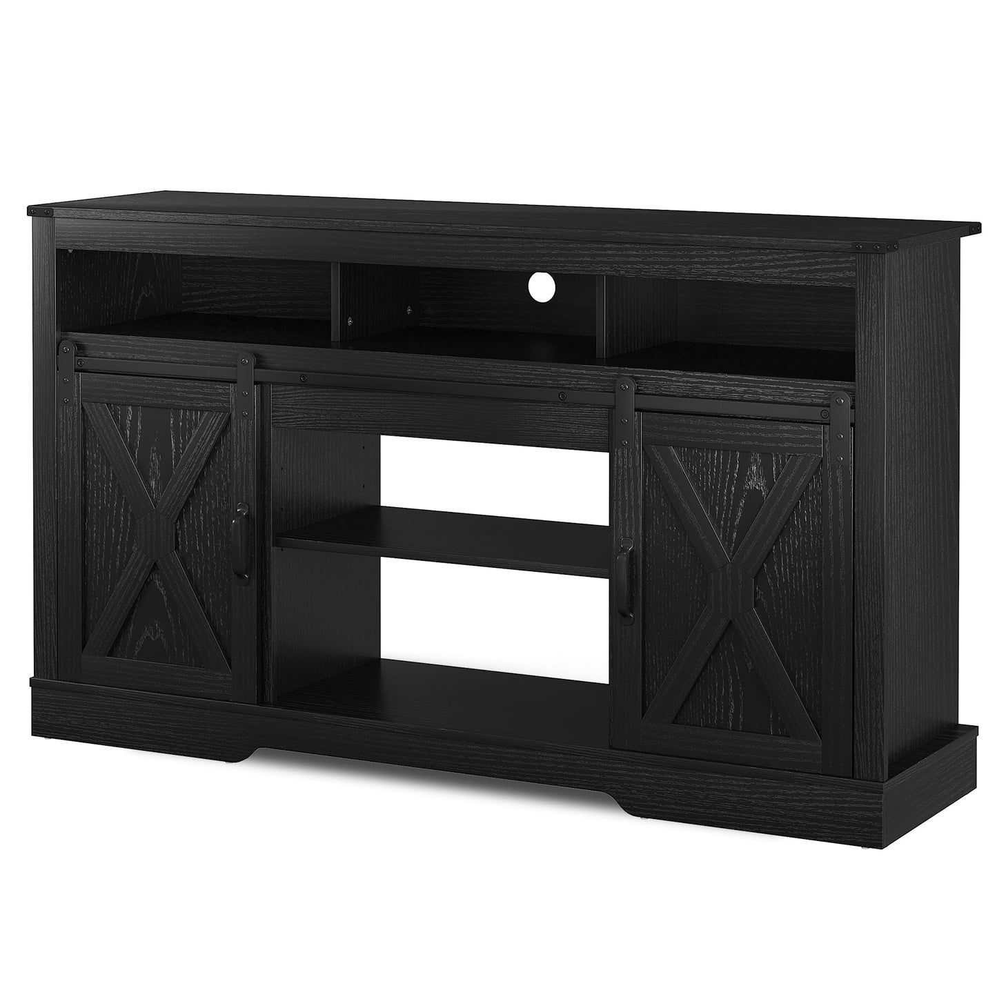 RoyalCraft Farmhouse Fireplace TV Stand for 65+ Inch TV, Entertainment Center with 23" Electric Fireplace with Remote, 34" Tall Modern Rustic TV Console with Sliding Bar Door for Living Room, Black