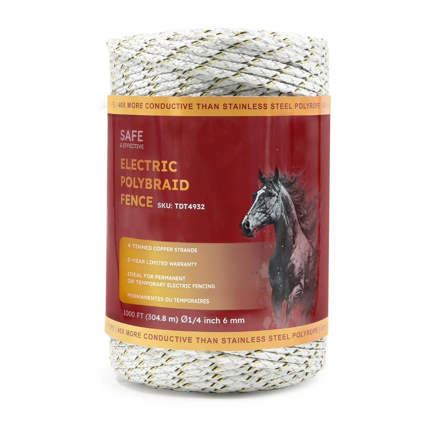 Electric Fence Wire 1000 ft, 1/4 inch (6 mm), 4 Highly Conductive Tinned Copper Strands, Ideal for Temporary Pastures and Equine Containment Livestock, Work with Insulator and Charger