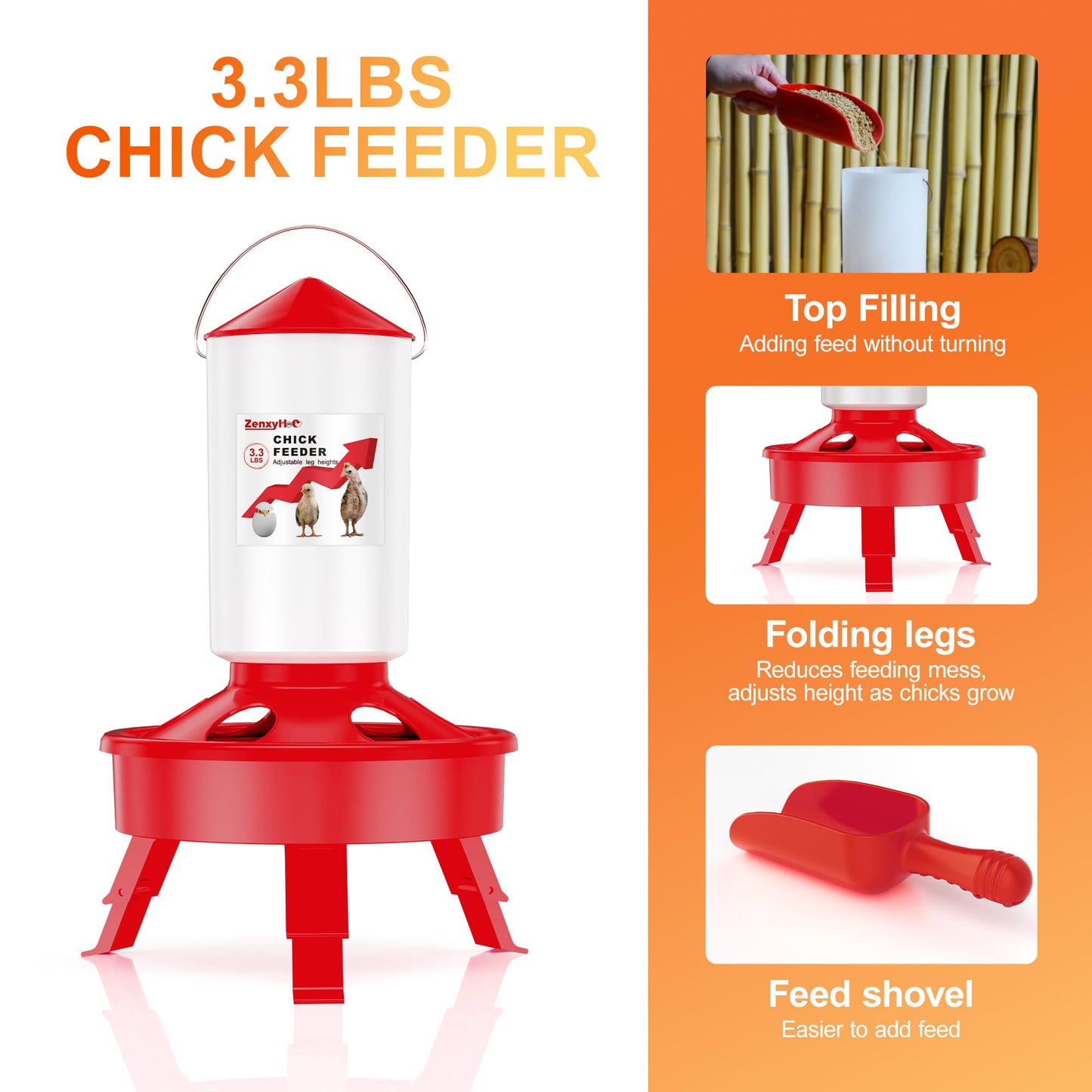 ZenxyHoC Chick Feeder and Waterer Set, Top Fill 0.4 Gal Feeder and 0.4 Gal Waterer with Scoop and 3 Adjustable Heights Legs Red