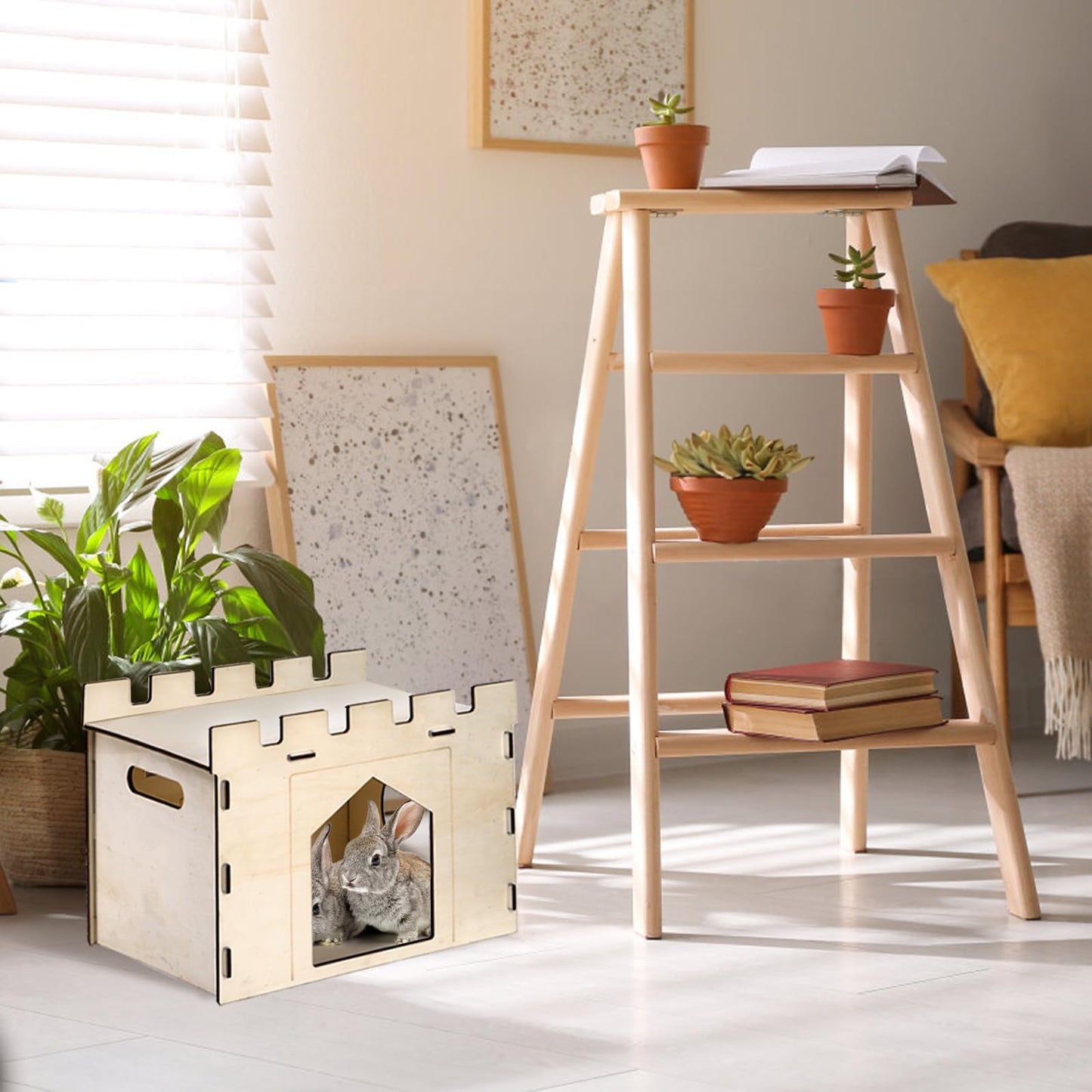 Yesland Rabbit Hideout Castle, Wooden Bunny Houses and Hideouts, Detachable Small Animal Play Hideaway Hut and Playhouse for Indoor Bunnies Guinea Pig Hamster Chinchilla Gerbil