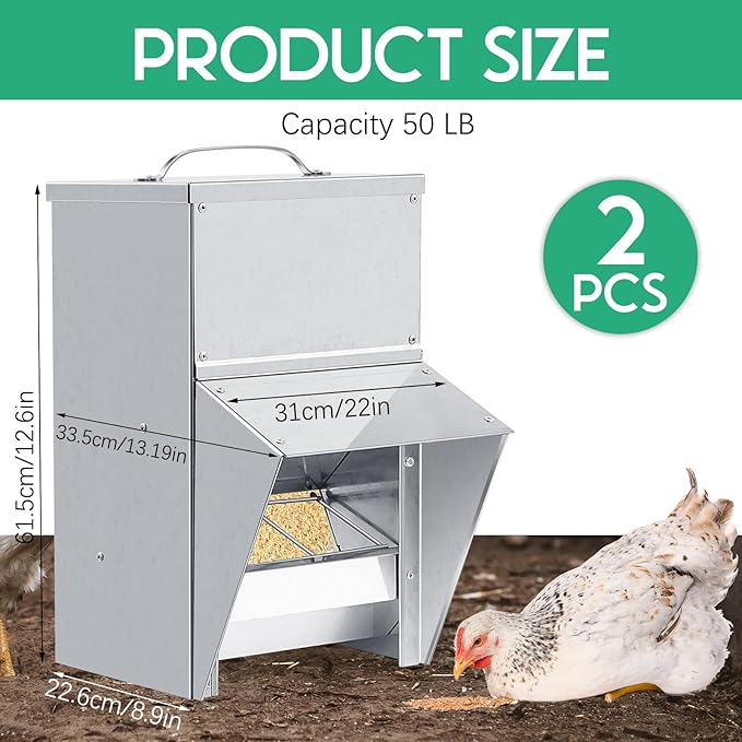 Uiifan 2 Pcs 11.5-50 Lbs Galvanized Chicken Feeder Weatherproof Poultry Food Dispenser with Lid Chicken Duck Food Dispenser Rat Proof Poultry Feeder for Cock Hen Duck(50 lb)