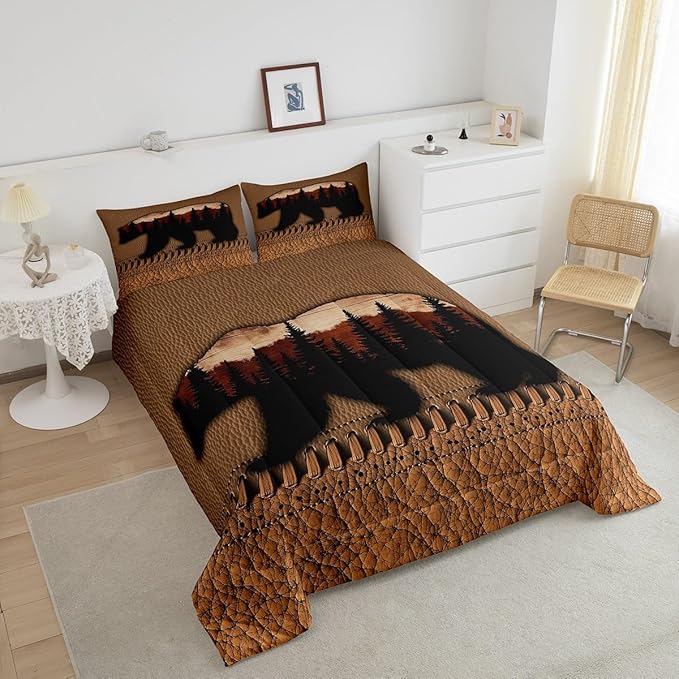 Bear Queen Comforter Set Brown Patchwork Cowhide Quilt Bedding Sets Hunting Woodland Animal Bedding Comforters For Boys Men,Wildlife Antler Duvet Insert 2 Pillow Cases Rustic Farmhouse Room Decor