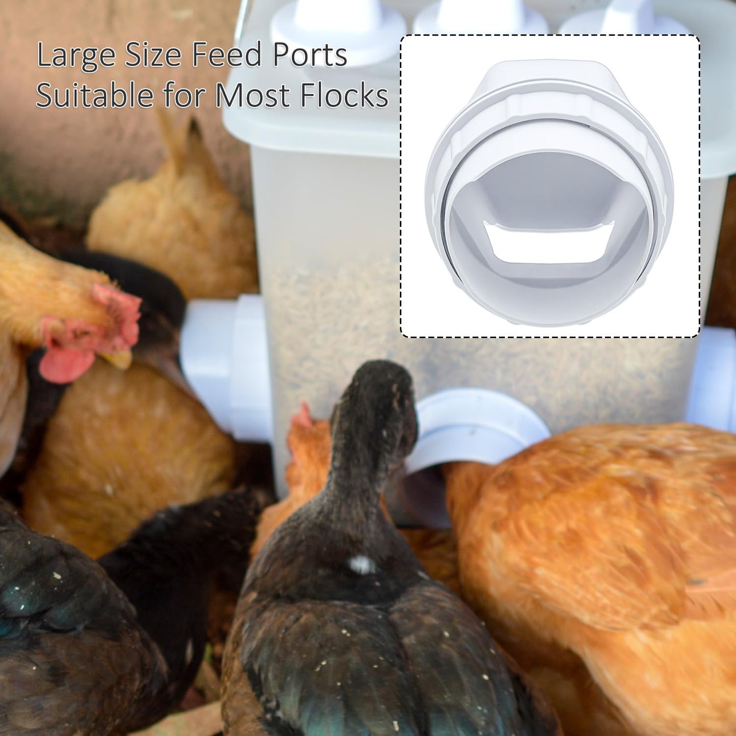 Chicken Feeder No Waste DIY Automatic Poultry Feeders 8 Ports with Covers Gravity Feed Kit for Buckets, Barrels, Bins, Troughs