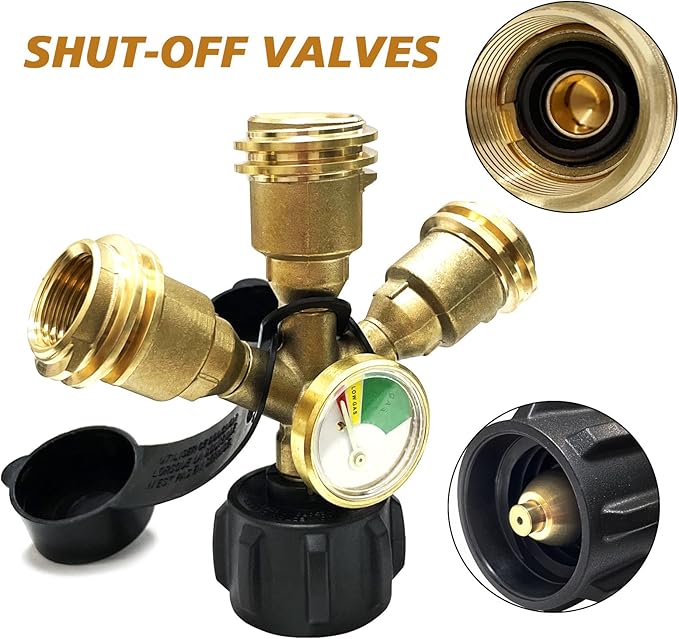 3 Way Tank Propane Splitter QCC/POL with Gauge and Shut-Off Valve, Y Splitter Adapter Propane LP Tank Fuel Tee Gauge Adapter Fitting 3 Way Propane Gas Splitter for Propane Tank，RV BBQ Grills Camping