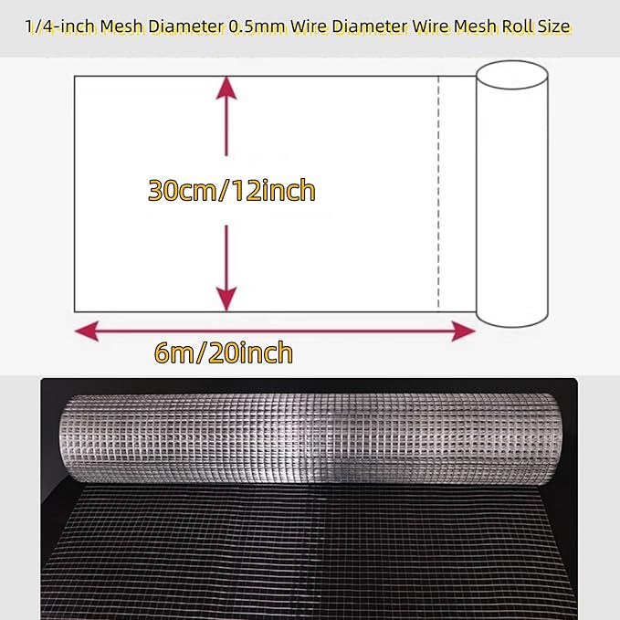 1/4 Inch Hardware Cloth Metal Wire Mesh Fence Roll, 19 Gauge 11.8in x 19.7ft (30x600CM) Hot Dipped Galvanized Chicken Coop Welded Mesh Fence for Poultry Netting Garden Protection