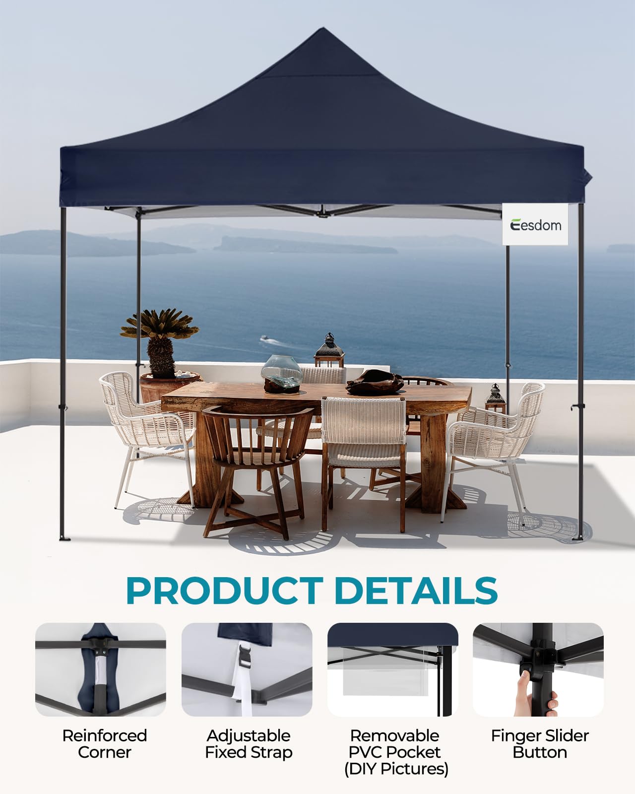 Eesdom 10x10 Pop Up Canopy with Wheeled Bag, Commercial Portable Canopy Tent, Easy Set Up, 4 Stakes & 4Sandbags & 4 Ropes, Waterproof Outdoor Shelter for Market, Parties, Navy Blue