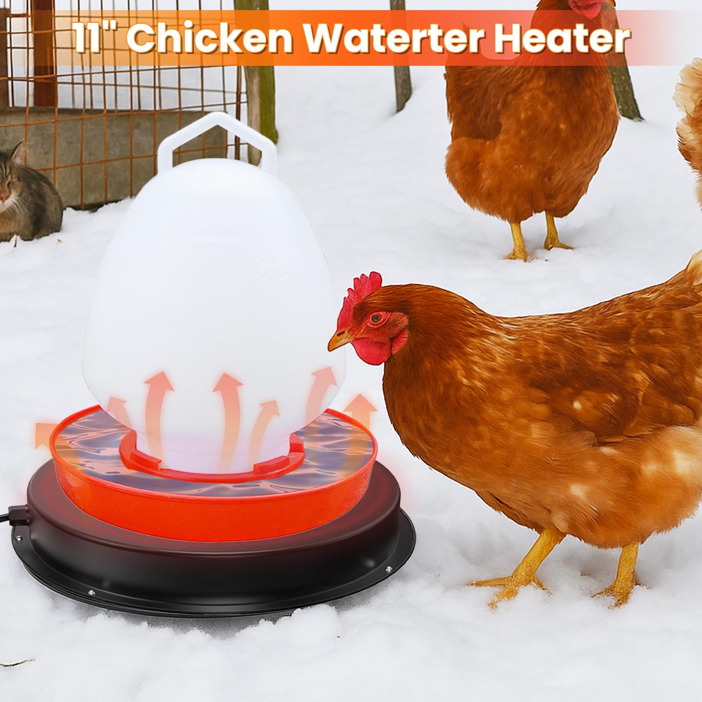 Chicken Water Heater, 11 inch Heated Chicken Waterer Base, Heating Base for Plastic & Metal Chicken Poultry Waterers, 77℉ Automatic Shut-Off Chickens Water Heater Pad with 6.5ft Power Cord (Black)
