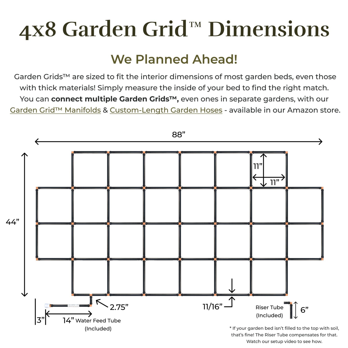 Garden Grid Watering System | Raised Garden Bed Drip Irrigation System – But Better | Pre-Assembled, Waters Every Plant Evenly, 2-Minute Setup | Square Foot Gardening Grid | US-Made (Cornerless, 4x8)