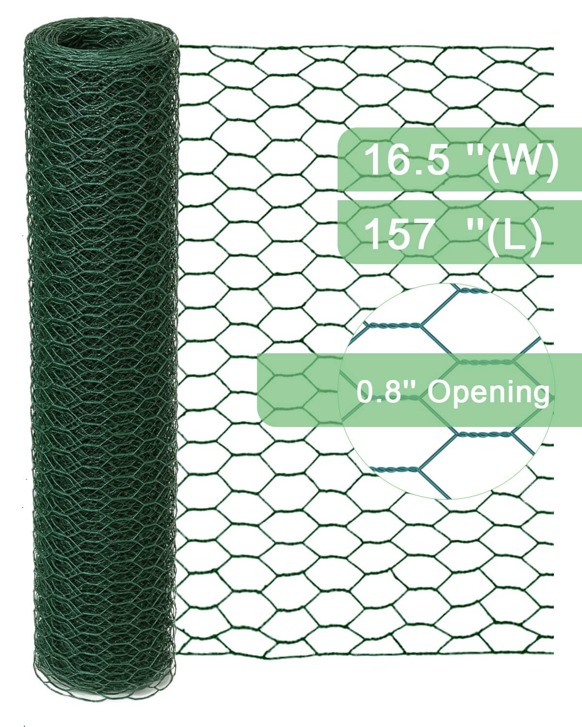 Garden Poultry Green Chicken Wire - 16.5 '' × 157 '' Chicken Wire Floral for Crafts, Garden Fence Animal Barrier, 1 inch Mesh Poultry Netting Fence, Pet/Rabbit/Chicken Wire Fencing