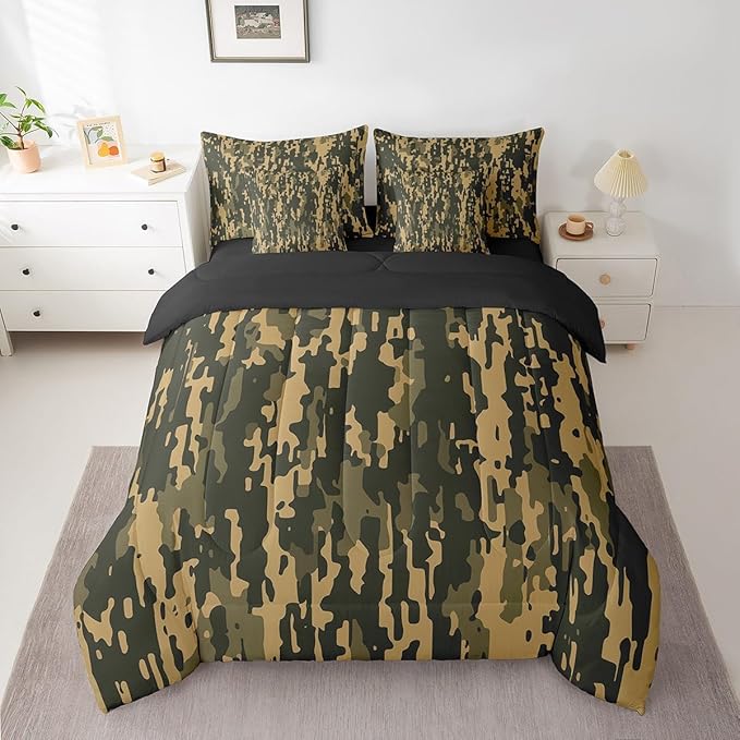 Feelyou Camouflage Print Bed Set Boys Girls Queen Size Camo 7 Pieces Bedding Set for Kids Women Men Military Style Bed Set Includes Comforter, Sheet Set, Pillowcases Army Camo Room Decor