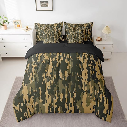 Feelyou Camouflage Print Bed Set Boys Girls Queen Size Camo 7 Pieces Bedding Set for Kids Women Men Military Style Bed Set Includes Comforter, Sheet Set, Pillowcases Army Camo Room Decor